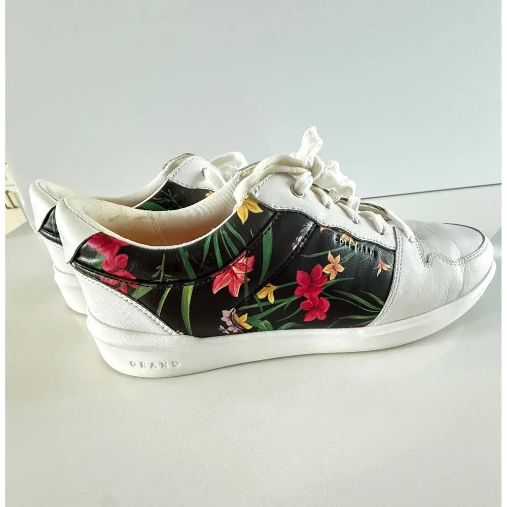 Cole Haan Grand Crosscourt White Leather Tropical Floral Sneakers Size 8B